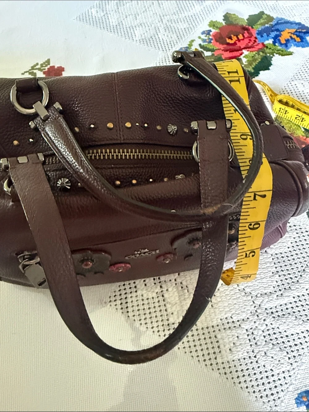 Coach Plum Floral Appliqué Leather Satchel
